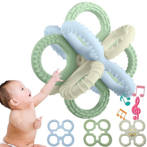 Teething Toys 3 6 Months for Kids Girls Boys,3 Pack Silicone Rattle Chew Toys for Babies 6 12 18months Newborn Infant,Combinable Baby Toys Gift for Toddlers