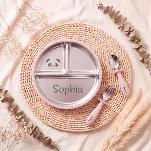 Custom Kids Divided Plate and Utensil Set, Personalized Stainless Steel Dish with Name, Weaning Set for Toddler Baby Kids, Baby Gift