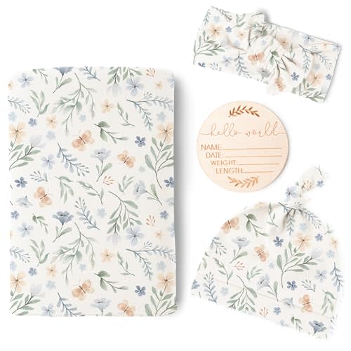 Konssy Newborn Swaddle Blanket with Beanie Hat Set, Baby Receiving Blanket | Buttery Soft & Stretchy Fabric, Newborn Photo Outfit for Baby Announcement, for Infants, Boys & Girls, 0-3 months