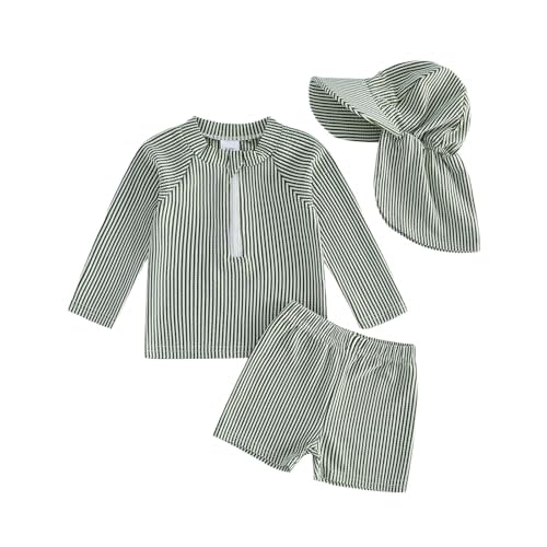 Toddler Baby Boys Seersucker Long Sleeve Swimsuit Trunks Bathing Suit Swimwear with Hat 3Pcs Rash Guard Set