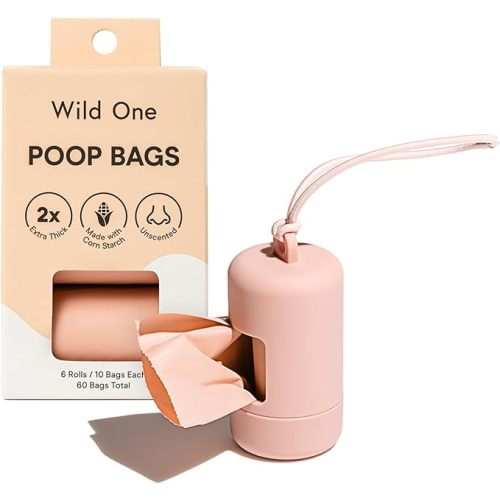 Wild One Dog Poop Bag Holder and Dispenser with Leash Attachment, Leak Proof, Easy Twist Top for Refills, Includes 1 Box Of Bags, Blush