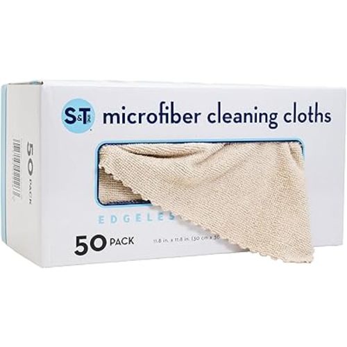 S&T INC. 50 Pack Microfiber Cleaning Cloth with Box, Bulk Towels for Home, Reusable Microfiber Towels for Cars, Cleaning Rags, Beige, 190gsm, 11.8 Inches x 11.8 Inches, 50 Count