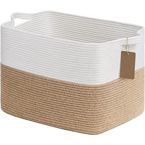Goodpick Woven Storage Baskets for Organizing, Nursery Toy Baskets Storage Kids, Cotton Rope Basket with Handles, Rectangle Blanket Basket for Living Room, 18 x 14 x 12 Inches