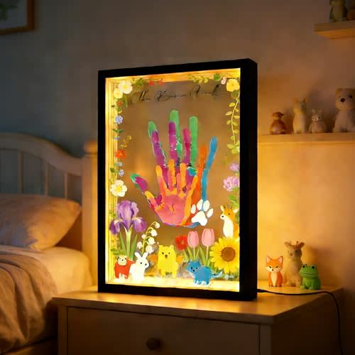 Family Handprint Kit with Light, Baby Hand and Footprint Kit,Wooden LED Keepsake Frame,Easy Install, Non-Toxic Paints(Black)