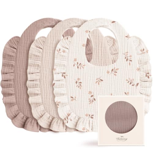 Konssy 3-Pack Muslin Baby Girl Bibs, 100% Cotton with Ruffle Trim | Ultra Soft & Absorbent, Baby Essentials for Drooling and Teething, for Newborn, Infant & Toddler 0-36 Months
