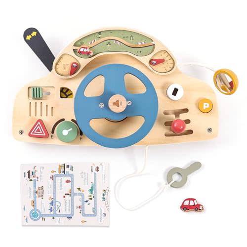 Wooden Montessori Busy Board - Steering Wheel Toy, Sensory Activity for Fine Motor Skills, Travel Educational Sensory Toys for 1-4 Year Olds