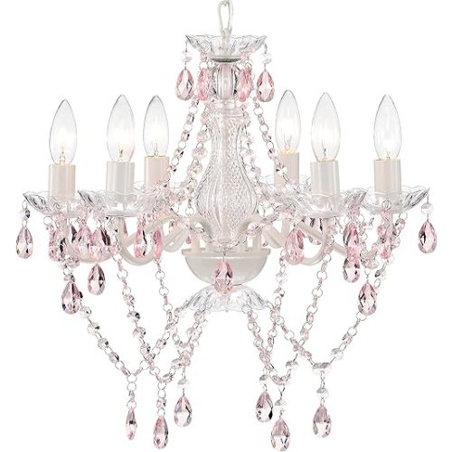 Mr.Color White Chandeliers Pink Crystal Chandelier Lighting Fixture 6 Light Candle Chandelier for Bedroom