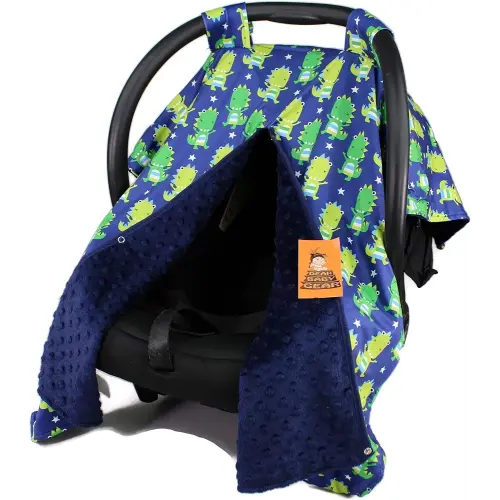 Dear Baby Gear Carseat Canopy - Car Seat Cover with Snap Opening for Girls & Boys - Infant Car Chair Canopies - Floral & Farm Prints - Nursing Covers - 37" x 29" (Green Dinosaurs on Navy)
