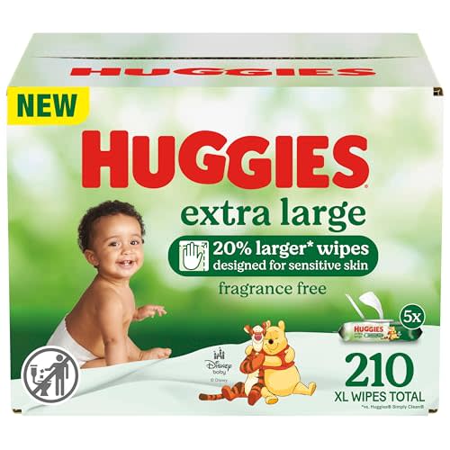 Huggies Extra Large Baby Wipes, Unscented, 5 Flip-Top Packs, 210 XL Wipes Total, Packaging May Vary