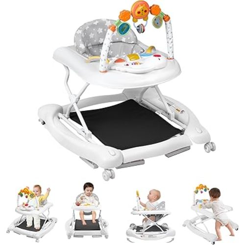 Baby Walker, 5 in 1 Baby Walkers for Boys Girls 6-12 Months, Foldable Walkers for Babies with Bouncer & Feeding Tray, Music, Adjustable Heights, Activity Walker for Infant