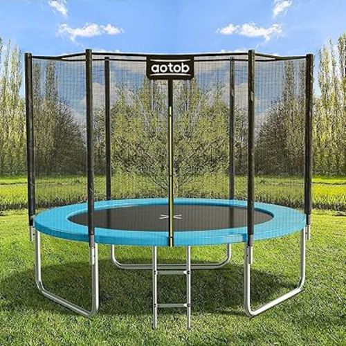 AOTOB 8FT 10FT 12FT 14 FT 15FT Trampoline with Safety Enclosure Net，Outdoor Trampoline with Basketball Hoop, Heavy Duty Jumping Mat and Spring Cover Padding for Kids and Adults, Storage Bag and Ladder
