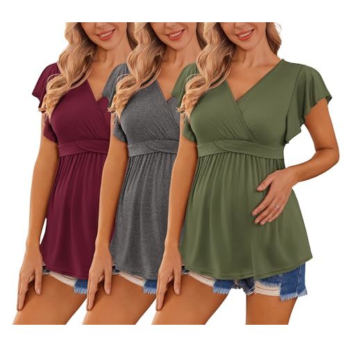 Ekouaer Maternity Shirts 3 Packs Flying Short Sleeve Nursing Tops Pregnancy Clothes