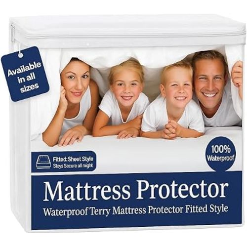 100% Waterproof Crib Size Mattress Protector, Premium Fitted Cotton Terry Cover with Stretchable Deep Pockets, Machine Washable White Mattress Cover for Bed