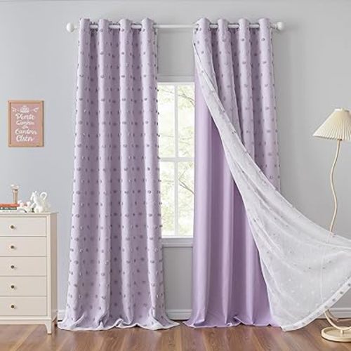 MYSKY HOME Lilac Pom Pom Sheer and Blackout Curtains for Kids Bedroom 84 Inches Long Nursery Curtains Girls Room Darkening Double Layer Window Drapes for Toddler Grommet,Lilac, 52 x 84 Inch,2 Pieces