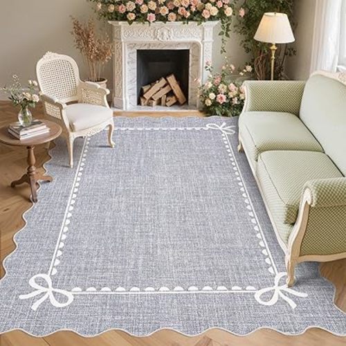 GarveeHome Scalloped Bow Rug 8x10 Washable Grey Rug for Bedroom Living Room
