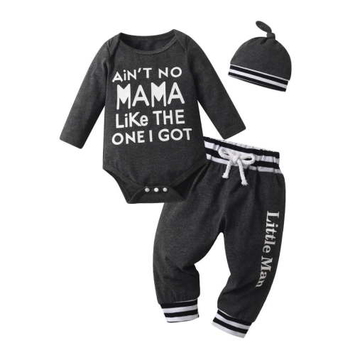 Newborn Infant Baby Boy Clothes Letter Long Sleeve Romper Pants Headband Hat Outfits Set Dark Gray 0-3 Months
