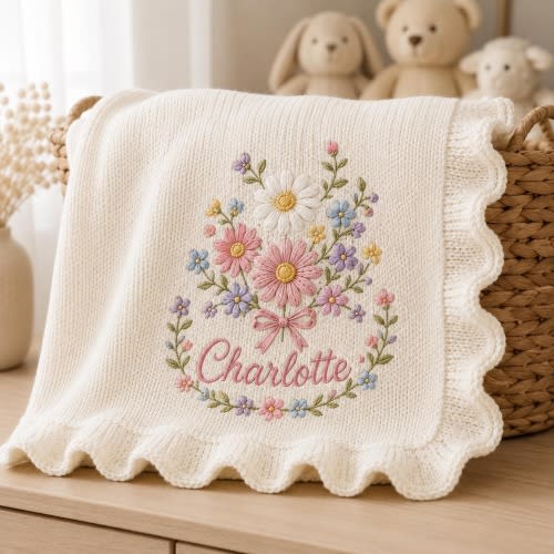 Floral Personalized Ruffle Baby Blanket, Custom Cotton Name Soft Knit Blanket, Wildflower Newborn Blanket, Nursery Gift