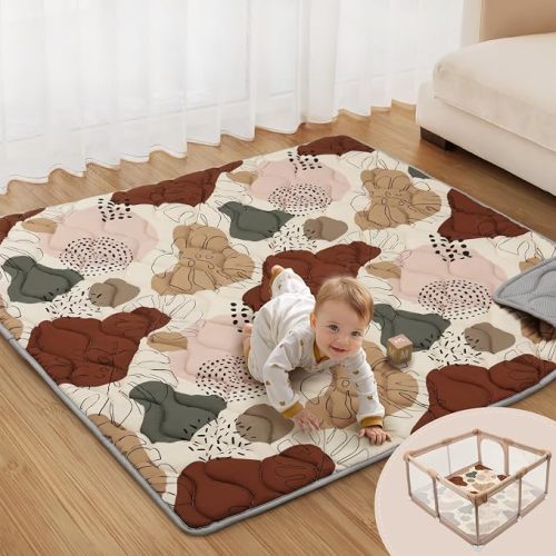 Blissful Diary Baby Play Mat, 59x59 Thick and Larger Soft Cushioned Foam Mat for Floor, Non-Slip Washable Playmat for Toddlers, Earth Tones Design
