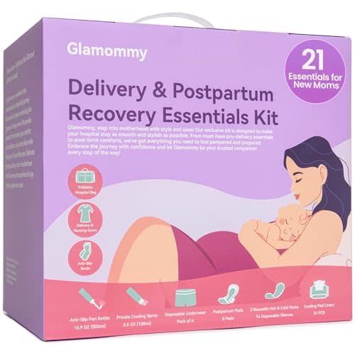 Glamommy Upgraded Postpartum Recovery Essentials Kit for Women, Nursing Gown, Luggage Bags, Socks, Peri Bottle, Cooling Spray, Disposable Underwear, Postpartum Pads, Hot&Cold Packs, Cooling Liners