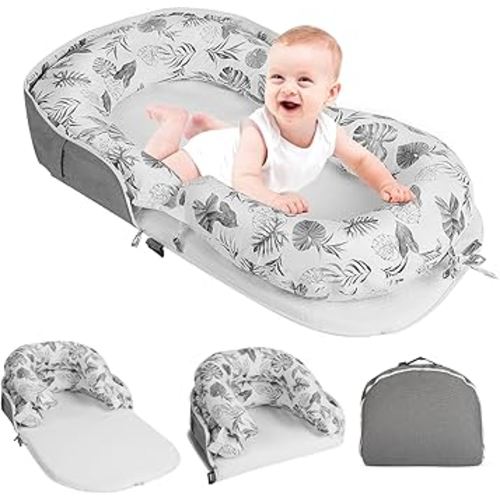 Portable Baby Lounger & Tummy Time with Zip-Up Carry Bag, Infant Support Cushion for Newborns to Toddlers (Leaf)