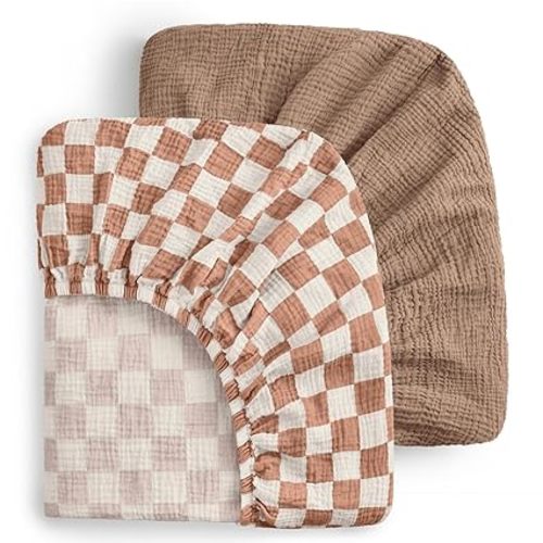 Blissful Diary Muslin Crib Sheets for Girl Boy, Boho Neutral Soft Cotton Baby Sheet for 52''x28'' Standard Crib Mattress, 2 Pack(Brown Checkboard & Brown)