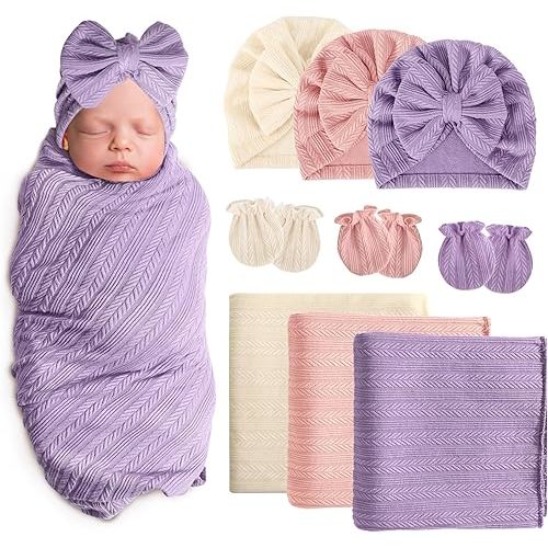 Newborn Receiving Blanket with Bow Hat Mittens Set Wheat-Pattern Newborns Toddler Baby Boy Girl Nursery Swaddle Wrap