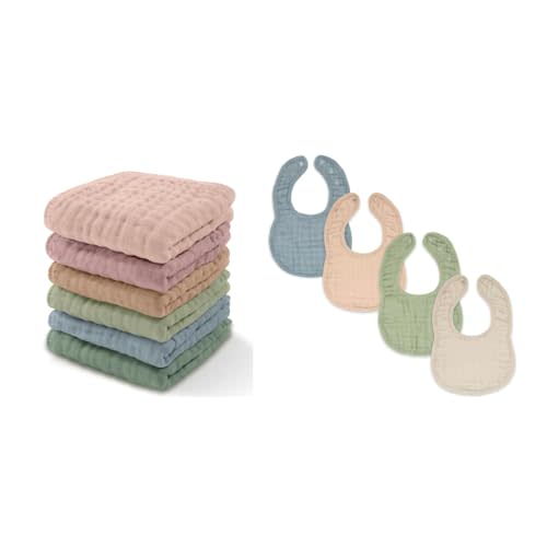 Comfy Cubs Baby Washcloths and Muslin Baby Bibs Bundled