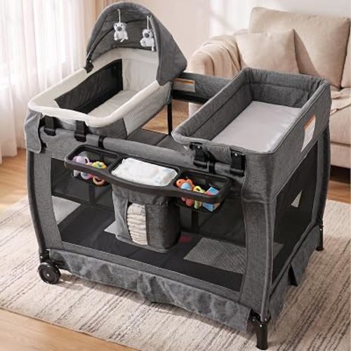 Kinder King 4 in 1 Pack and Play w/Bassinet, Baby Playard, Light Gray