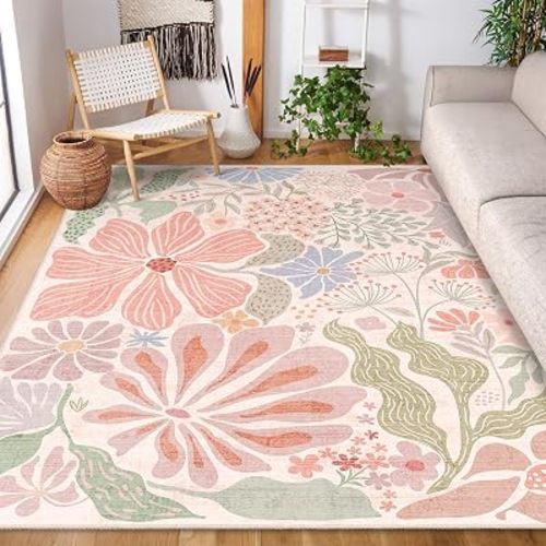 MUJOO Pink 5x7 Area Rugs Washable Floral Rug Non Slip Low-Pile