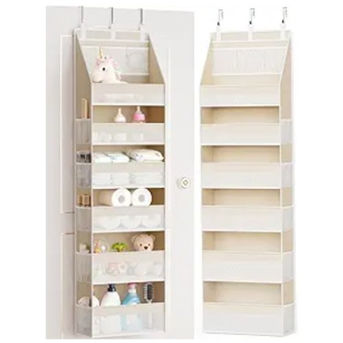 Criusia Over the Door Organizer, 6-Shelf Closet Hanging Storage with 13 Mesh Pockets, 55lbs Capacity Behind the Door Storage for Baby Nursery, Bathroom, Bedroom, and Dorm, Beige