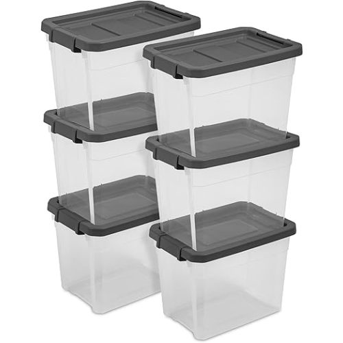 Sterilite 6-Pack Modular Stacker Box, Durable Clear Plastic Storage Bins with Latching Lids, 30 Quart - Stackable Organizing Container Boxes for Closet, Bathroom, and Office