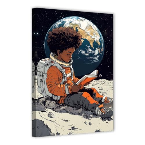 CHAOSETKEN African American Wall Art Astronaut Painting Black Boy Reading on the Moon Canvas Prints Space Themed Pictures for Office Decor Framed (12.00" x 18.00")