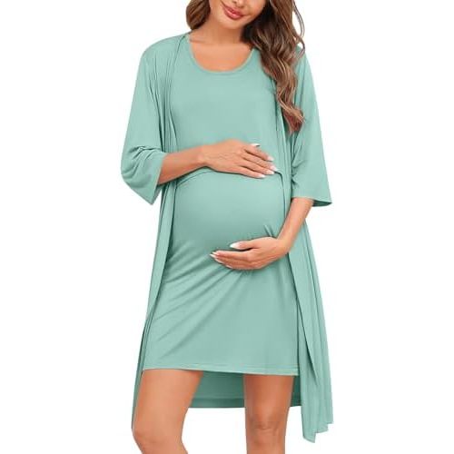 SWOMOG Women Maternity Nursing Gown and 3/4 Sleeve Robe Set Labor Delivery Nightgown Breastfeeding Hospital Bathrobe