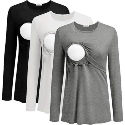 Ekouaer Women 3 Packs Nursing Shirts Long Sleeve Breastfeeding Tops Round Neck Postpartum Double Layer Maternity Tee Black/White/Light Grey M