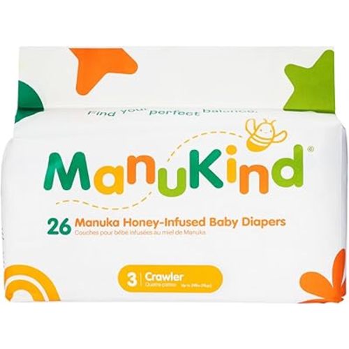 ManuKind Baby Diapers, Manuka Honey Infused, Ultra Soft, Plant-Based Materials, Quick-Dry Comfort, Leak Guard Protection, Size 3 – 26 Diapers