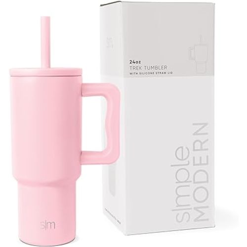 Simple Modern Kids 24 oz Tumbler with Handle and Silicone Straw Lid | Spill Proof and Leak Resistant | Reusable Stainless Steel Bottle | Gift for Kids Boys Girls | Trek Collection | Blush