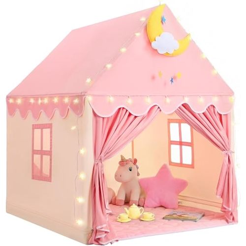 Kids Tent for Grils Indoor: with Mat, Star Lights, Pink Play Tents