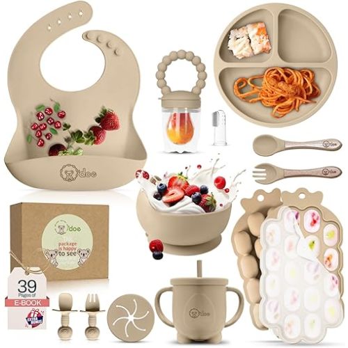 O'doe Baby Weaning Set – 15 Pcs Silicone Baby Feeding Set with Suction Plate, Bowl, Bib, Sippy Cup, Fruit Feeder, Freezer Tray