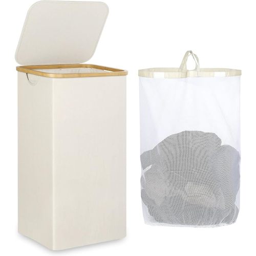 Laundry Basket with Lid, 110L Large Laundry Hamper with Handle and Lid, Collapsible Clothes Basket Organizer with Removable Inner Bag for Clothes Toys Towels - Beige