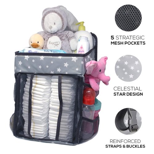 Hanging Diaper Caddy | Nursery Organizer & Baby Organization Storage for Infants & Toddlers. Organize The Nursery Room Instantly. Hang on The Crib, Drawer Changing Table or Dresser. Star Design.