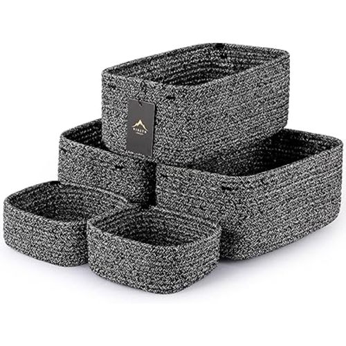 5-Pack Small Woven Rope Storage Baskets – 2 Sizes Organizer Bins for Closet, Shelf, Bookshelf, Nursery, Changing Table, Fabric Cube Boxes, Rectangular Shallow Bins for Bathroom, Toy & Home