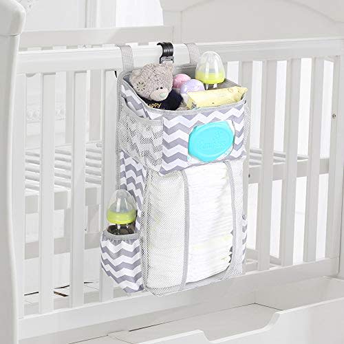 Hanging Diaper Caddy, Baby Bed Hanging Organizer, Nursery Organization Baby Diaper Holder, Diaper Stacker Storage for Crib, Playard, Changing Table or Wall (Gray&White)