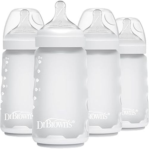 Dr. Brown's Silicone Baby Bottle with Collapsible Insert Designed to Reduce Colic, 9 oz with Wide-Neck Level 2 Medium Flow Nipple, 3m+, White/Ecru, 4-Pack