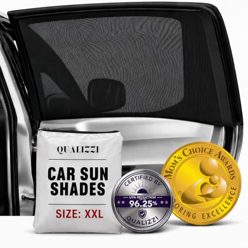 XXL/Car Side Window Shades for SUVs /8 Sizes. Stretch-to-Fit H:21" x W:48" Rear Windows. Baby Sun, Heat, Bugs & Privacy Protection. 96.25% UV Reduction. Breathable Mesh Screens, 2Pck. | Qualizzi®