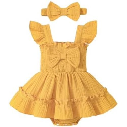 Newborn Baby Girl Summer Clothes Sleeveless Smocked Romper Dress Ruffles Jumpsuit Bodysuit with Bow Headband