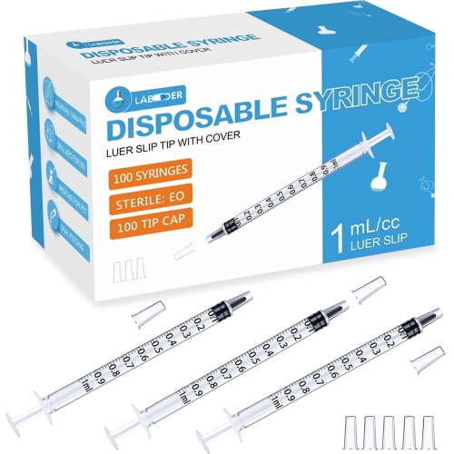 100 Pack 1ml /1cc Syringe with Cap Oral Syringes without needle for Liquid Measuring, Scientific Labs, Feeding Small Pets, Medical Student, Oil or Glue Applicator-Individually Sealed, Luer Slip
