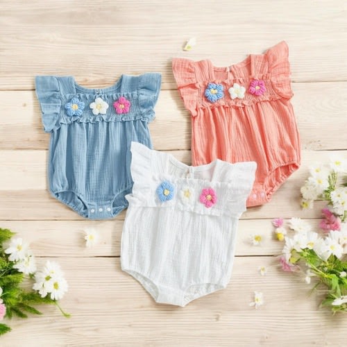 Cute Baby Girls Flower Smocked Rompers, Newborn Boho Embroidery Fly Sleeve Romper, Infant Bodysuits, Baby Summer Outfit Gift