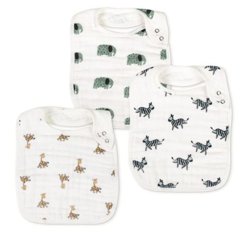 Snap Muslin Bibs for Boys & Girls, 3-Pack Baby Bibs for Infants, Newborns and Toddlers, 100% Cotton Muslin Absorbent & Soft Layers, Adjustable Snaps,"Animal Party"