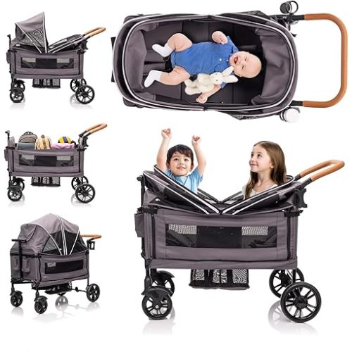 SPWVIP Stroller Wagon for 2 Kids- Lightweight Travel Folding Push Pull Baby Wagon for Newborn&Toddler with 5-Point Harness,Adjustable Canopy,Tray Table,Cup Holder,Storage Pocketsets (Grey)