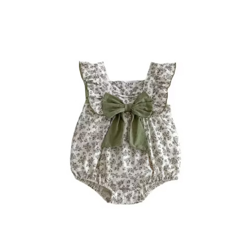 MyKids-USA Summer Hot Selling Baby Girls Sleeveless Square Neck Floral Print Onesie Beige 80 (9-12M)